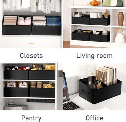 DIMJ Closet Storage Bins, 6 Pack Storage Baskets for Shelves, Foldable Closet Organizer with Handle, Linen Closet Organizers and Storage for Clothes, Toys, Towel, Books (Black)
