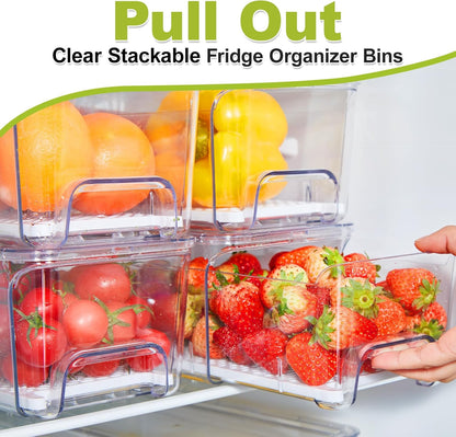 6-Pack Fridge Drawer Organizer, Pull-out Stackable Refrigerator Organizers and Storage, Clear Fruit Storage Containers Bins with Drain Tray for Kitchen Cabinet, Pantry Organization