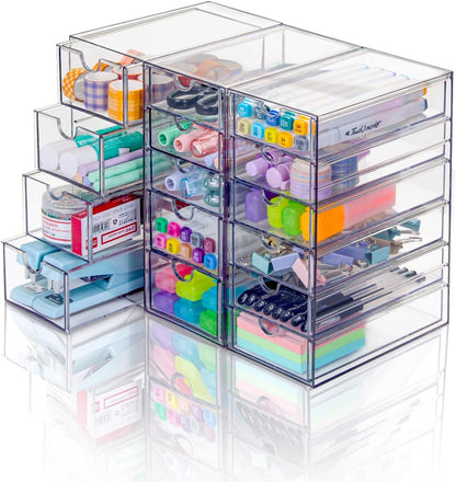 VZKAH Clear Acrylic Organizer with Drawers | 15-Drawer Desktop Unit | Makeup & Desk Organization and Storage Box for Office, Craft, Vanity Table, Bathroom, Home Essentials