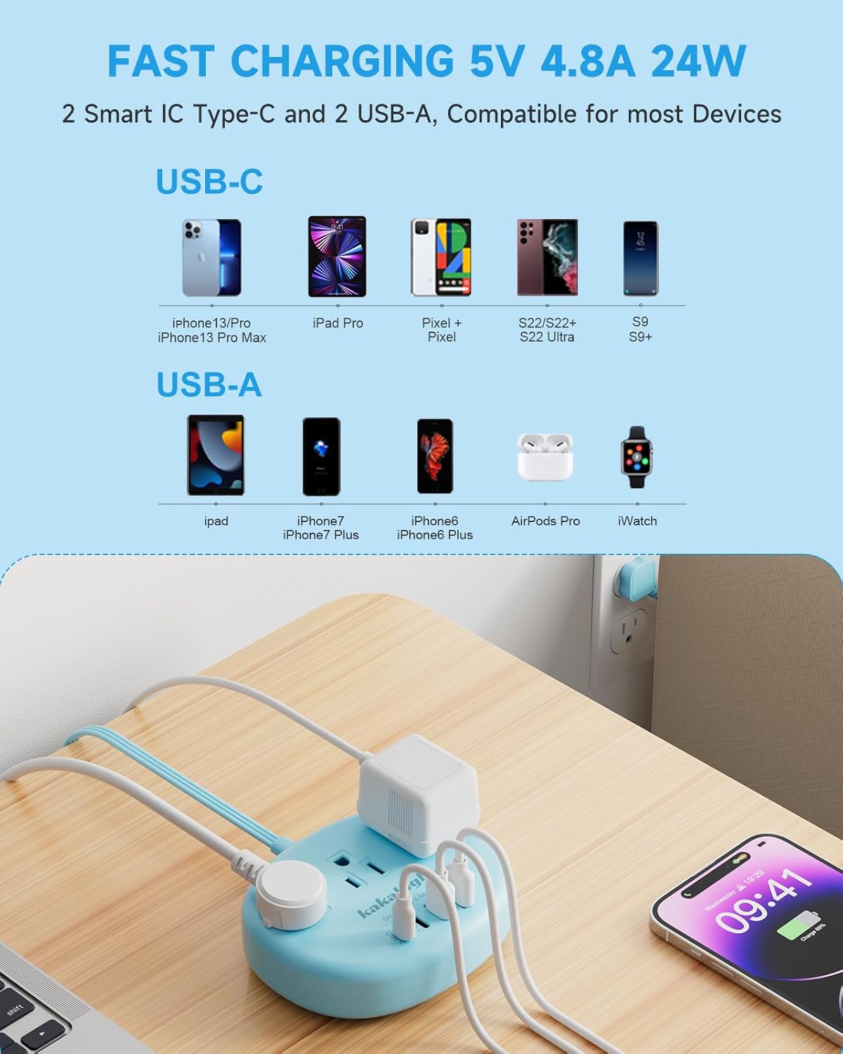 Pink Extension Cord with Surge Protected 1080J - 5 FT Kawaii Power Strip, 1625W Cute Extension Cord with 3 AC Outlet 4 USB (24W/4.8A), Compact for Cute Pink Kawaii Desk Home Essentials