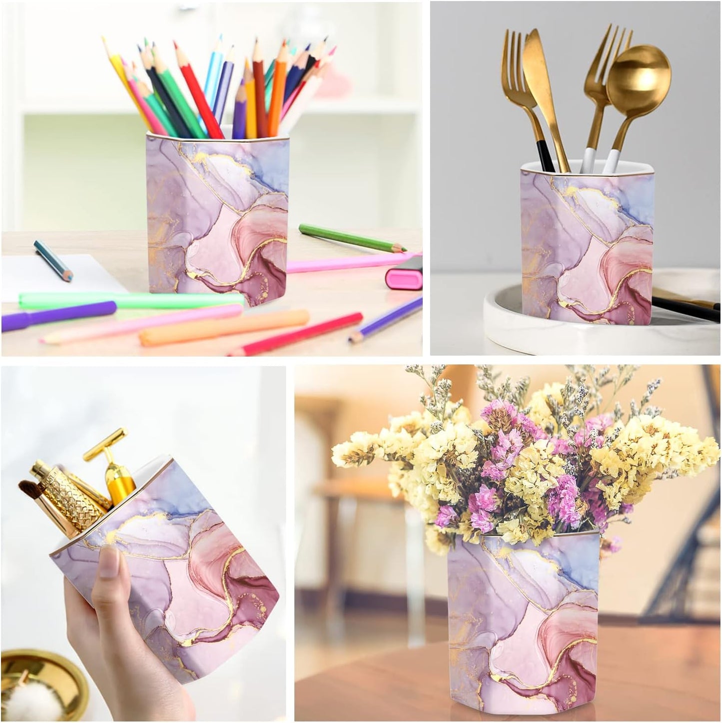 WAVEYU Ceramic Pen Holder for Desk Cute, Pencil Cup Pot Desk Organizer, Makeup Brush Holder for Women, Men, Kids, Desk Marble Decor for Office, Classroom, Home, Gray Golden