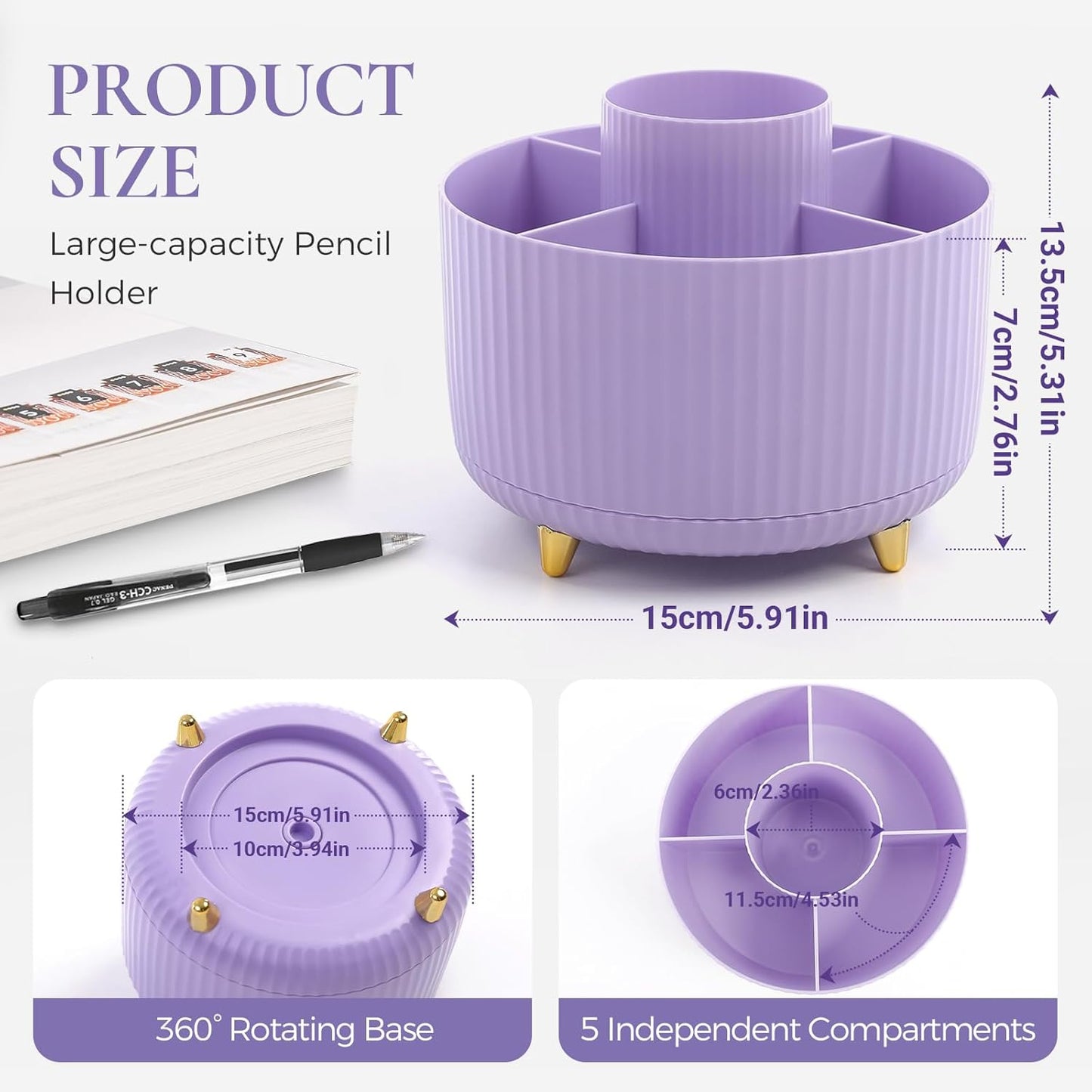 KONVINIT Pencil Pen Holder for Desk, 5 Slots 360 - Degree Rotating Desktop Organizer, Cute Desk Organizers and Accessories for School, Home, Office and Art Supply, Beige
