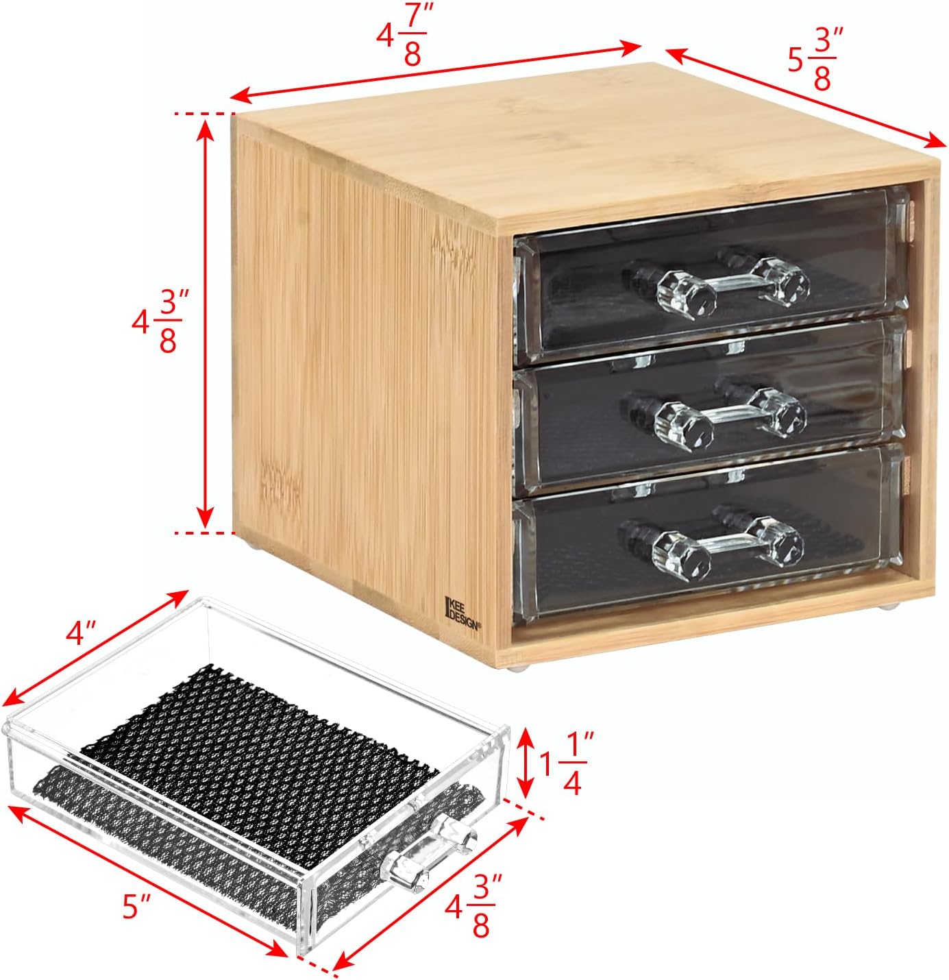 Ikee Design Bamboo Makeup Organizer, Desktop Drawer Organizer with Three Clear Acrylic Drawers, Office Desk Organizer for Lipsticks, Cosmetics, Jewelry, and Accessories for Vanity, Home