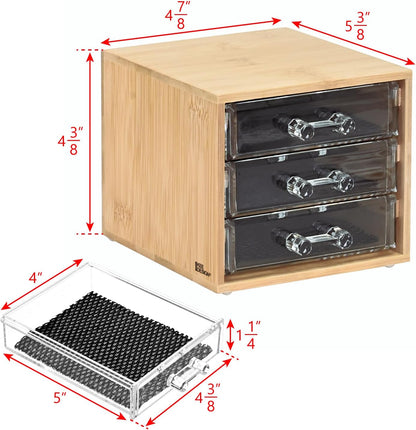 Ikee Design Bamboo Makeup Organizer, Desktop Drawer Organizer with Three Clear Acrylic Drawers, Office Desk Organizer for Lipsticks, Cosmetics, Jewelry, and Accessories for Vanity, Home