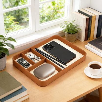 Valet Tray for Men, PU Leather Desk & Nightstand Organizer - Two-Toned Catch All Tray for Keys, Wallet, Watch, Jewelry and EDC Gear (black)