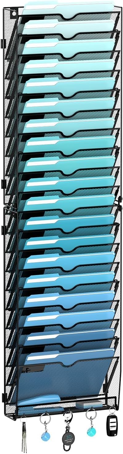 5 Tier Wall File Organizer - Hanging File Organizer with 5 Hooks, Mail Holder Wall Mounted for Papers, Folders, Magazines, Bills, Office&School Organization, Black