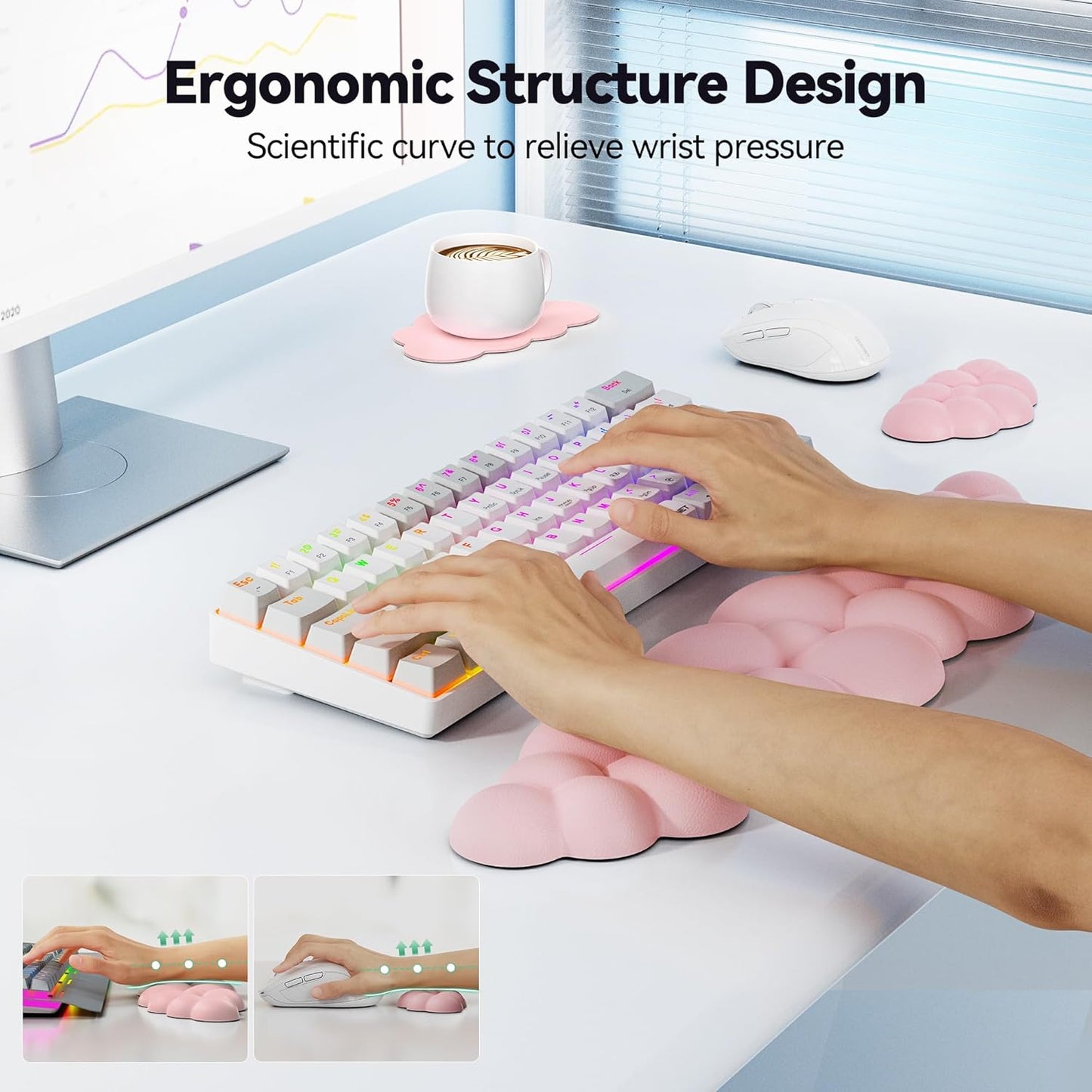 TECKNET Cloud Keyboard Wrist Rest Set, Cloud Wrist Rest with Non-Slip Base, PU Leather Wrist Pad for Keyboard with Ergonomic Memory Foam for Computer Laptop Office Gaming and Pain Relief, White