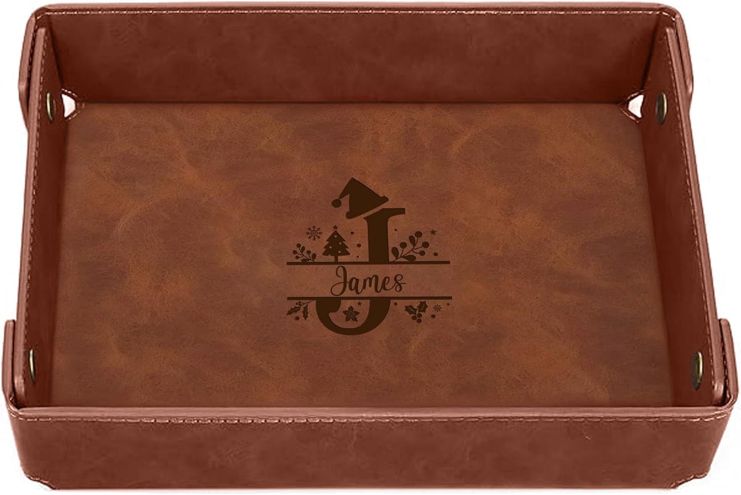 Engraved Leather Valet Tray for Men – Personalized Catchall with Custom Name for Desk, Dresser, Nightstand – Men's Organizer Tray for Keys, Wallet, Jewelry, Personalized Gift for Home, Office - Coffee