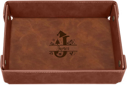Engraved Leather Valet Tray for Men – Personalized Catchall with Custom Name for Desk, Dresser, Nightstand – Men's Organizer Tray for Keys, Wallet, Jewelry, Personalized Gift for Home, Office - Coffee