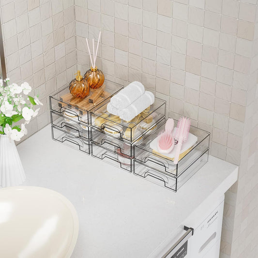 Yieach 2.2'' High Small Clear Stackable Storage Drawers,4 Pack Desk Organization and Storage Bins,Plastic Office Supply Organizer,Acrylic Drawer Storage Organizer for Makeup,Accessory,Pen,Art Crafts