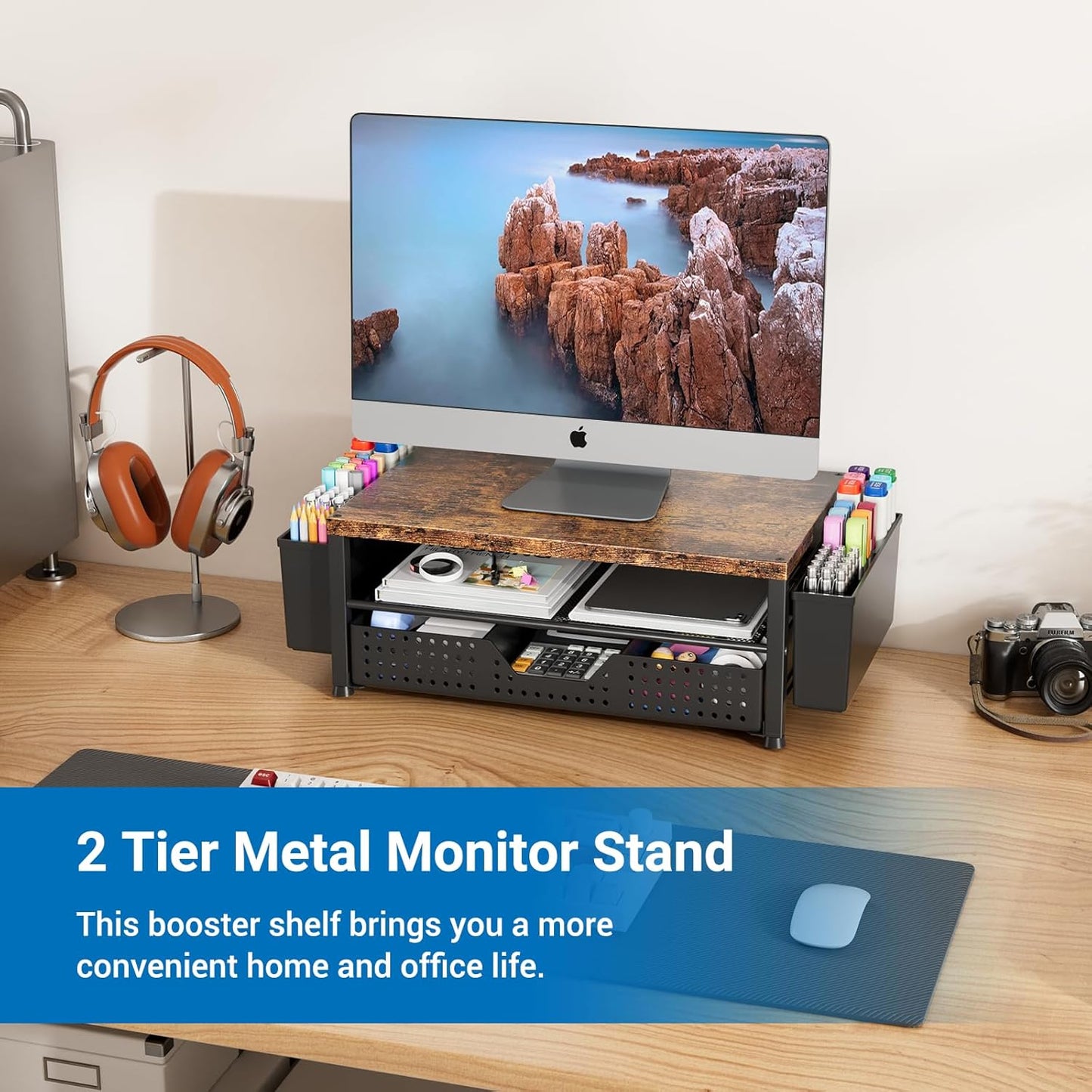 Small Laptop Stand for Desk, Monitor Stand Riser, Office Desk Accessories, Computer Desktop Stand with Drawer for Home, Office, School (Mint Green)