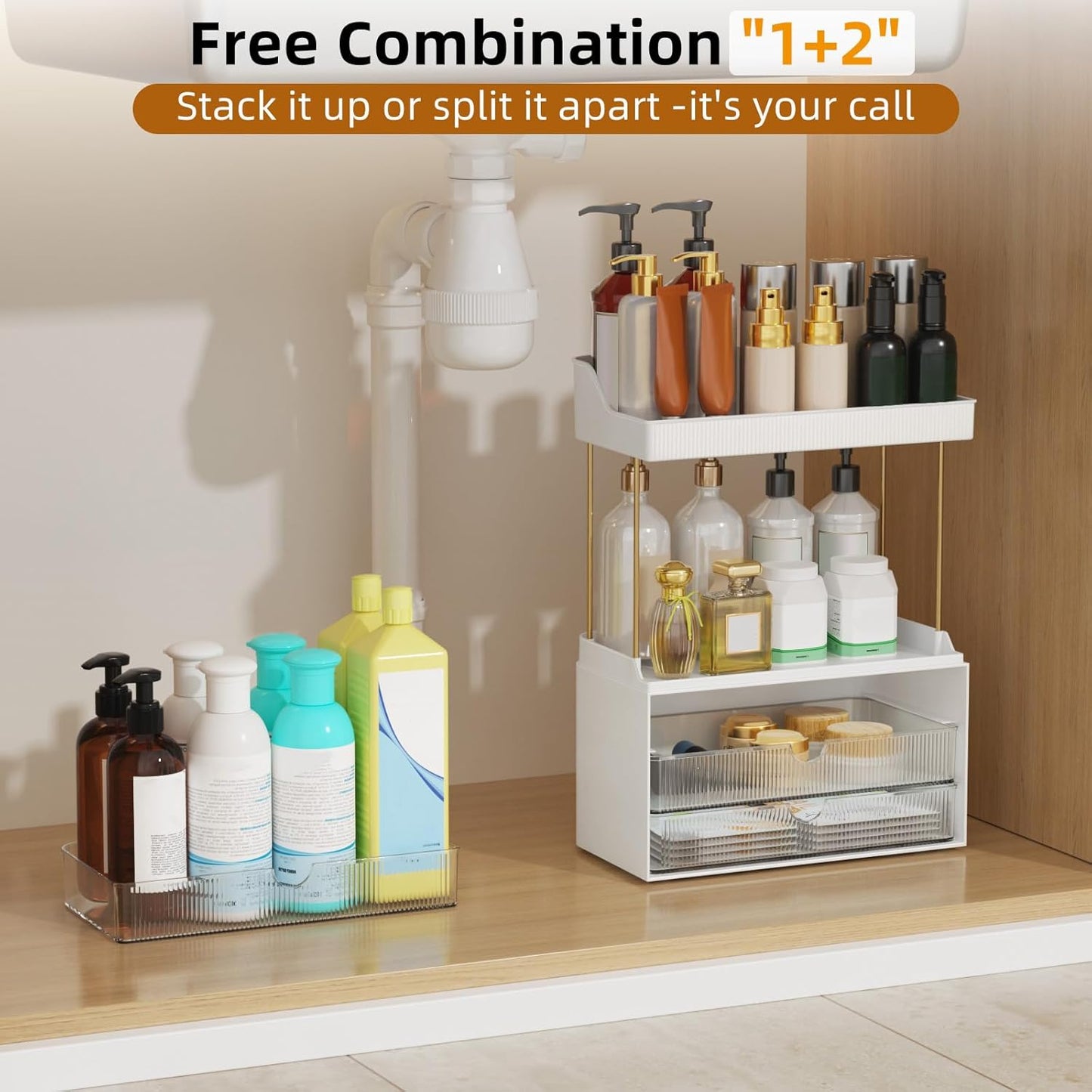 StorBin 3 Large Drawers Makeup Organizer - 5 Tier Bathroom Counter Organizers and Storage, Versatile Perfume Vanity Organizer, Ideal for Cosmetic, Large Skincare, Face Mask, Office Supplies, Amber