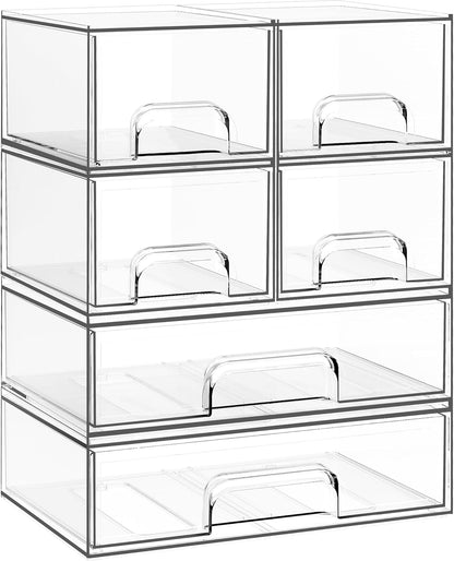 Criusia Stackable Storage Drawers, 4 Pack Clear Plastic Makeup & Bathroom Organizer, Versatile Storage Bins for Vanity, Under Sink, Kitchen Cabinets & Pantry