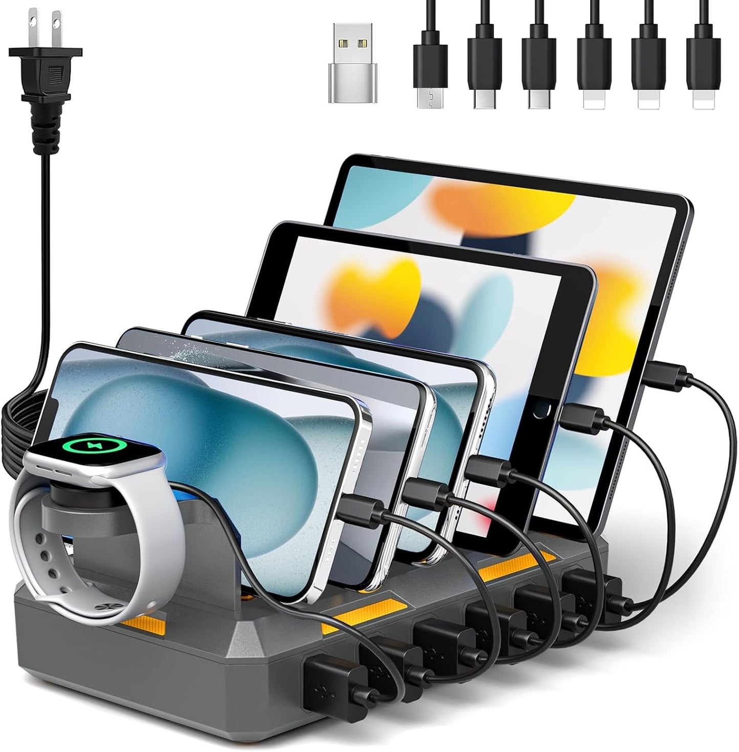 Charging Station for Multiple Devices, Honcila 6 in 1 Multi Charger Station Charging Dock for Cellphone Tablet iPhone iPad and More - 50W Charging Station Organizer with 6 Mixed Charging Cables