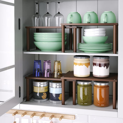 VERTORGAN Cabinet Organizer Shelf(Set of 2),Kitchen Counter Shelves,Bamboo Stackable Expandable Spice Rack Countertop(Medium)
