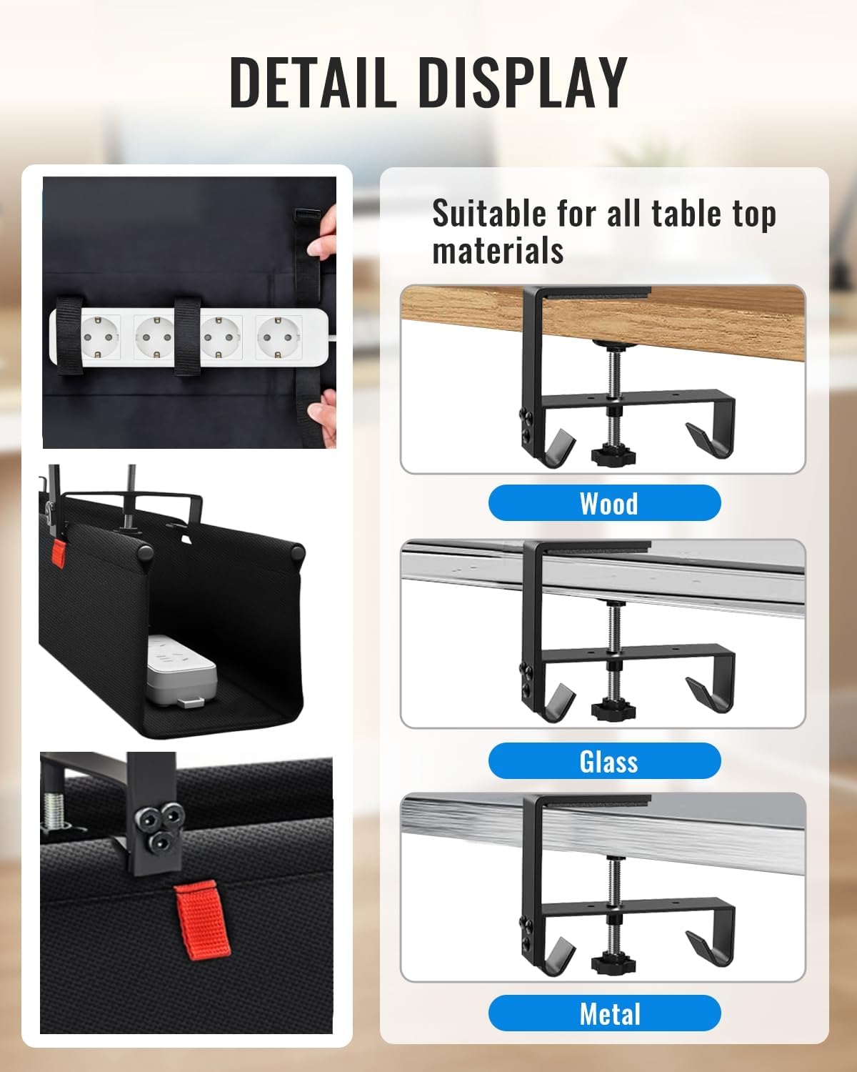 36" No Drill Under Desk Cable Management Tray - Upgraded Oxford Fabric with Cable Loop, No Damage to Table for Standing Desks and Home Office (Large (36 Inch))