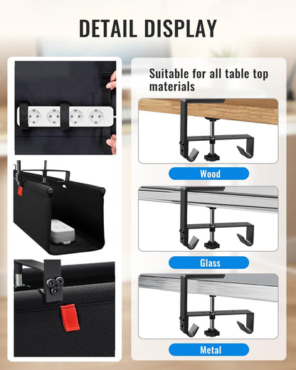 36" No Drill Under Desk Cable Management Tray - Upgraded Oxford Fabric with Cable Loop, No Damage to Table for Standing Desks and Home Office (Large (36 Inch))