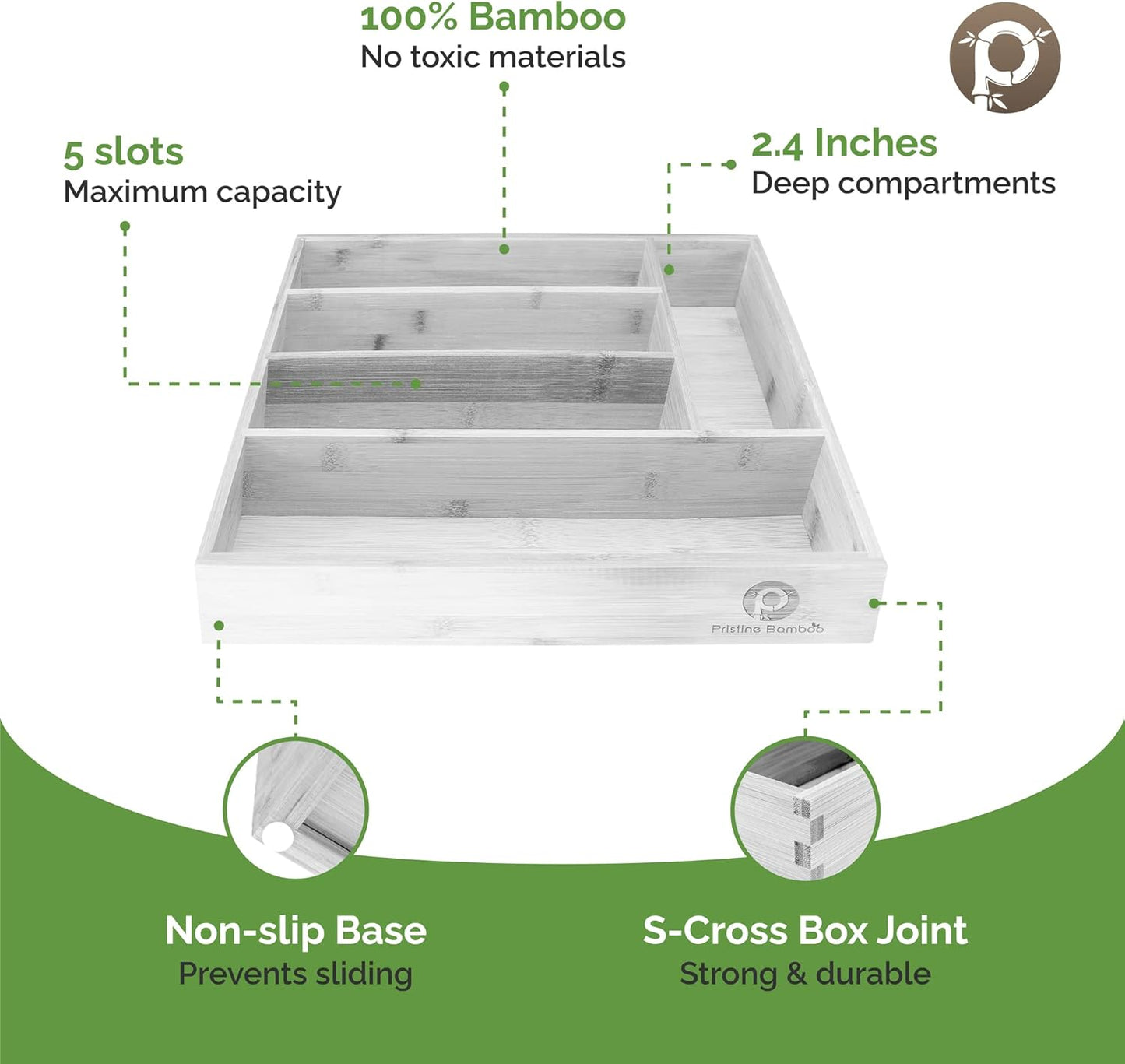 Pristine Bamboo Expandable Drawer Organizers for Kitchen - Extra Deep Non-Slip 17” x 14.6” (expands up to 25 inches) - Dark Wooden Silverware Divider (10 Compartments) – Organize Cooking Utensils