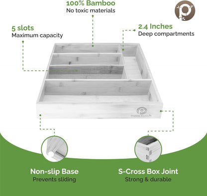 Pristine Bamboo Expandable Drawer Organizers for Kitchen - Extra Deep Non-Slip 17” x 14.6” (expands up to 25 inches) - Dark Wooden Silverware Divider (10 Compartments) – Organize Cooking Utensils