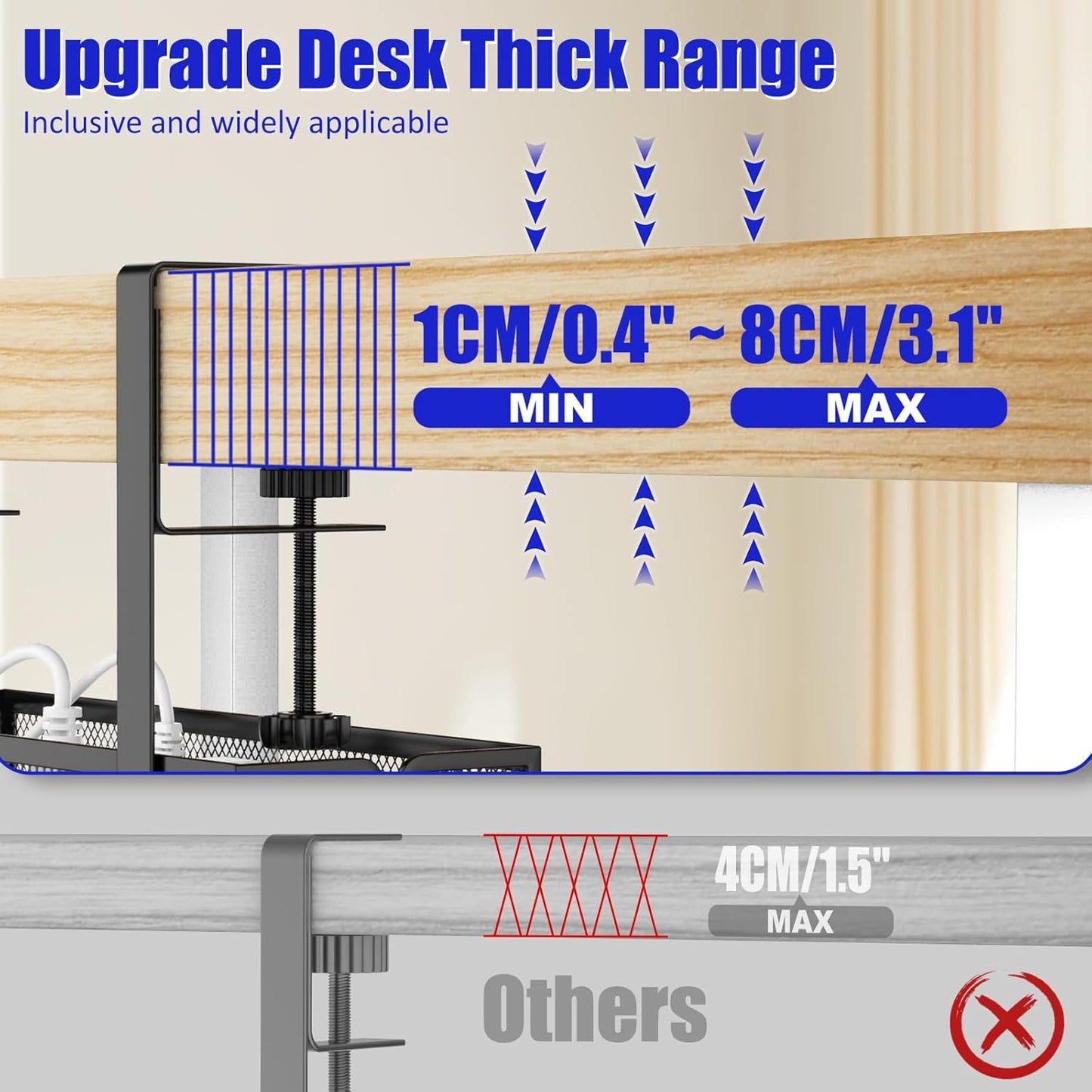 REFLYING Under Desk Cable Management Tray, Metal Long Arms (3.9in), No Drill Mesh Cable Tray, Wire Organizer, 1 Pack, Black