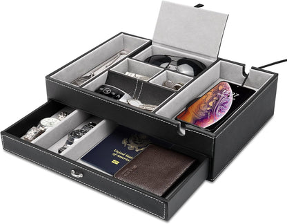Baoyun Valet Tray for Men, 2 Layers Nightstand Organizers for Men and Women, Leather Jewelry Storage Box, Mens Dresser Top Organizer, Catch All for Jewelry Key Wallet and Phone (Brown)