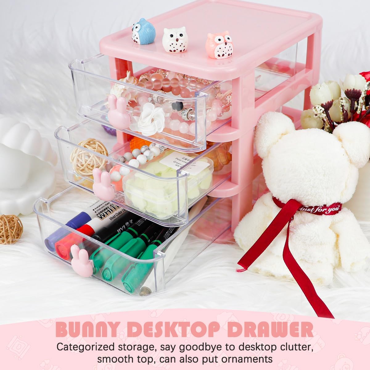 3 Layer Plastic Storage Drawer Bunny Transparent Cosmetic Organizer Rabbit Makeup Organizer Storage Container for Office School Home（White）