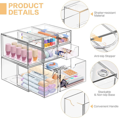 Desk Organizer with 14 Drawers, FODIENS 14 Packs Acrylic Stackable Desktop Storage Drawer Makeup Organizer, Clear Craft Storage Box Cabinets for Office Vanity Countertop Bathroom Bedroom