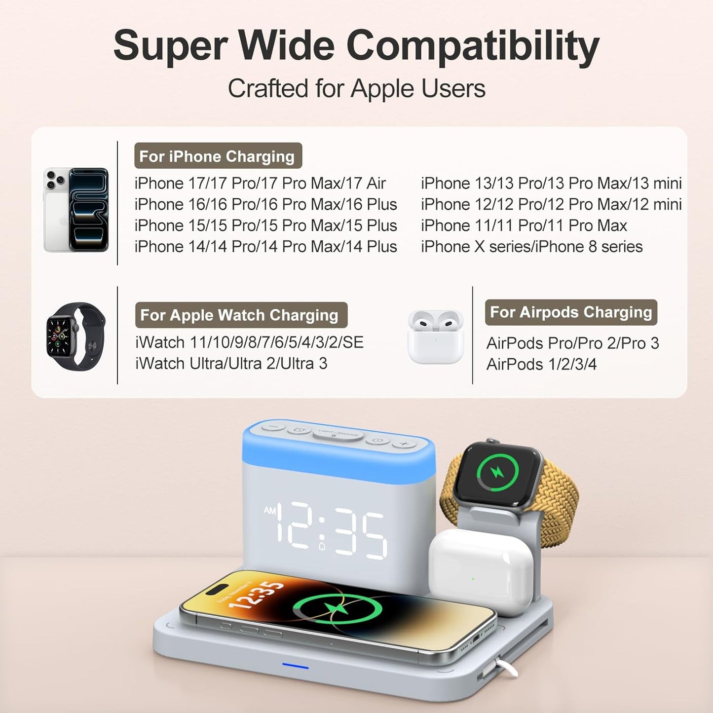 ANJANK Wireless Charging Station,5 in 1 Multiple Charger Stand with Alarm Clock,7 Night Light,Mag-Safe Charging Dock for iPhone 17 16 15 14 13 12 Pro Max Plus,Apple Watch 11/10/9/8,for Airpods,Bedroom