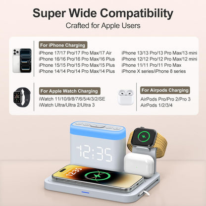 ANJANK Wireless Charging Station,5 in 1 Multiple Charger Stand with Alarm Clock,7 Night Light,Mag-Safe Charging Dock for iPhone 17 16 15 14 13 12 Pro Max Plus,Apple Watch 11/10/9/8,for Airpods,Bedroom