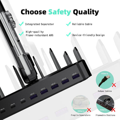 420W Charging Station for Multiple Devices, Zobirez 10-Port USB C Fast Charger Stations for MacBook, iPhone, Android Cell Phone, iPad, Tablet, Family Multi-Device Organizer Charging Dock, Black