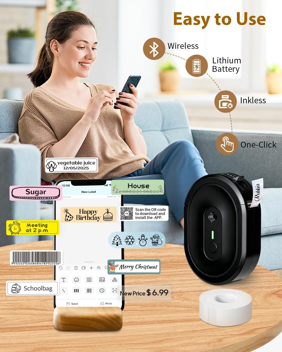 Label Maker Machine with Tape, N12 Portable Bluetooth Label Printer, Wireless Mini Label Makers Thermal Sticker with Multiple Templates for Home, Kitchen, School, Office Organization, Green