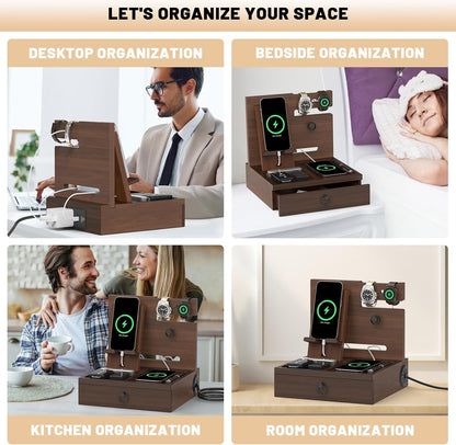 Wood Phone Docking Station with USB Ports and Outlets, Nightstand Organizer with Charging Station, Bedside Organizer with Drawer for Watch & Accessories, Christmas Anniversary Birthday Gifts for Men