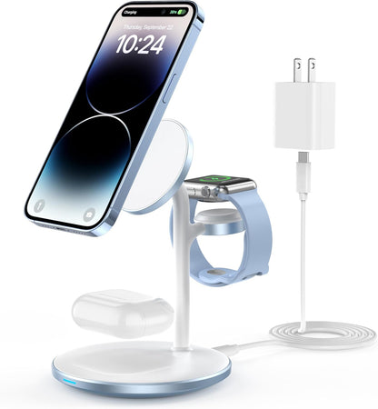 XooFly 3 in 1 Wireless Charging Station for Apple Devices, Fast Wireless Mag-Safe Charger Stand with 20W Adapter for iPhone 17 16 15 14 13 12 Pro Max/Air/Plus/Pro,iWatch,AirPods-Gift for Wife&Husband