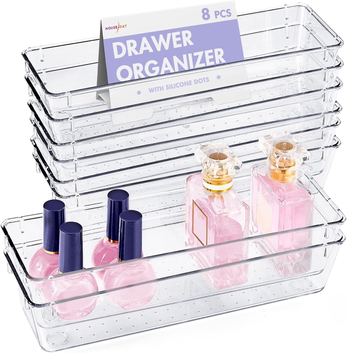 HOUSE DAY Makeup Drawer Organizer Trays 24 PCS, 4-Size Clear Drawer Organizers with Silicone Pads, Vanity Organizers and Storage, Non Slip Plastic Drawer Organizer for Desk, Bathroom, Kitchen, Office