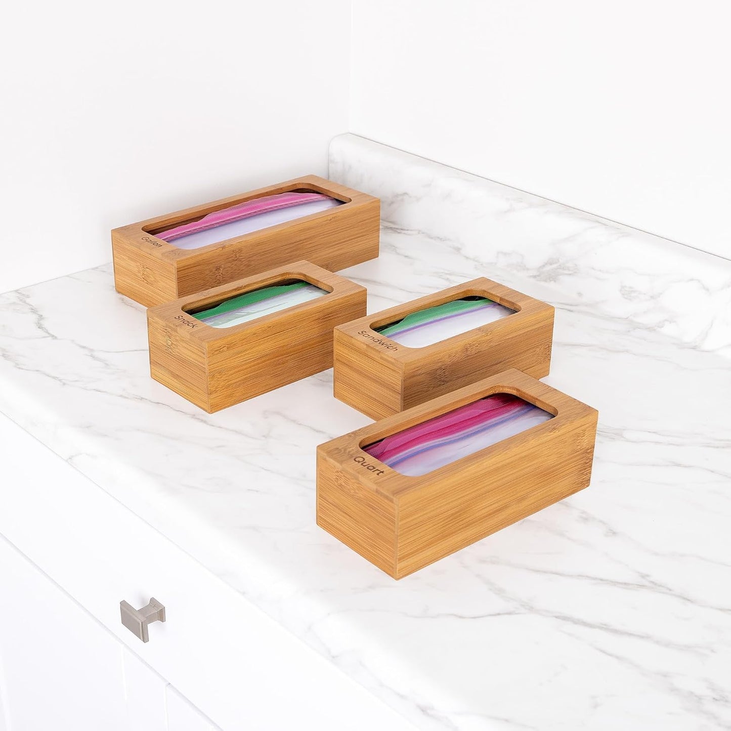 Seville Classics Bamboo Premium Organizer Storage Bins for Kitchen Silverware, Pantry, Closet, Office Desk, Pens, Utensils, Makeup, K Cup, Bamboo, Bag Holder Bin Set (4 Piece)