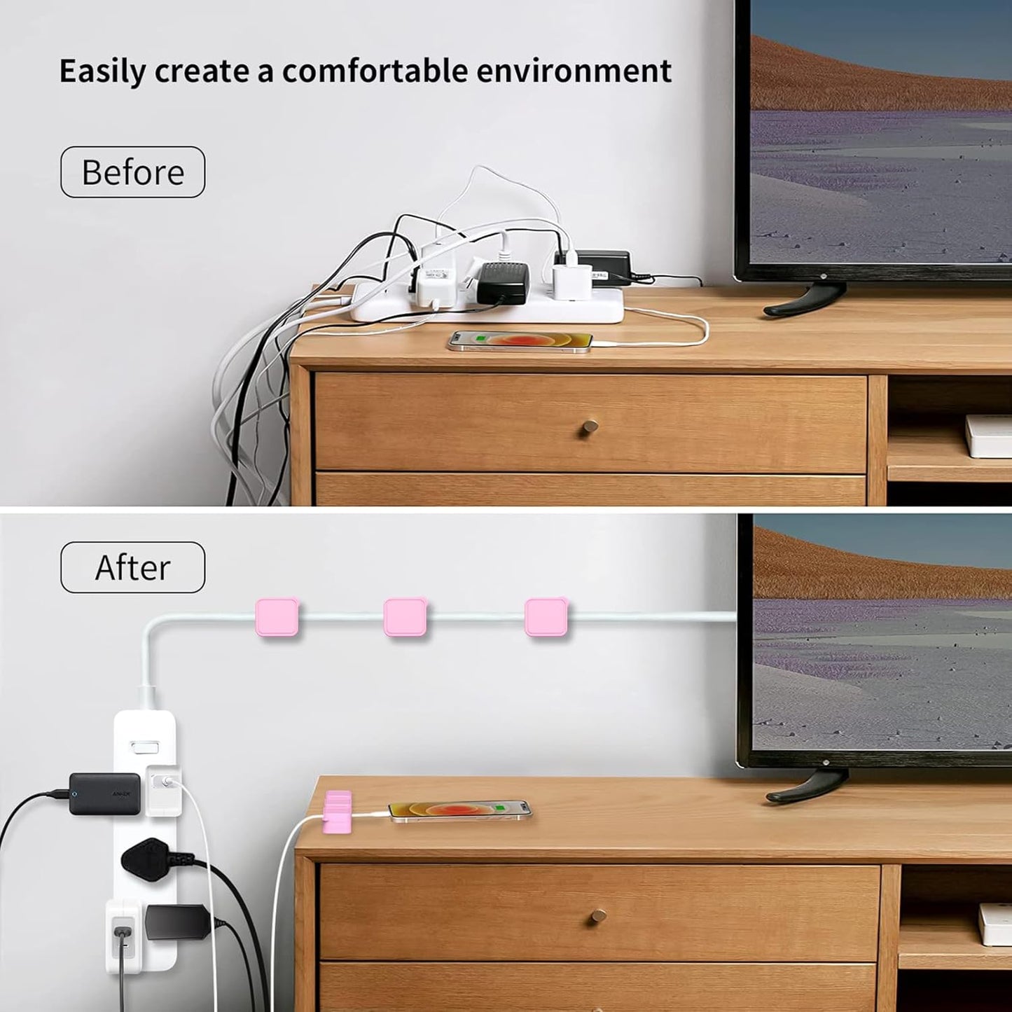 6-Pack Magnetic Cable Clips Cord Organizer, Adjustable Cable Holder Clips with Strong Adhesive for Desk, Wall, Car, Nightstand – Wire Organizer Cable Management for Home Office Phone Accessories(Pink)
