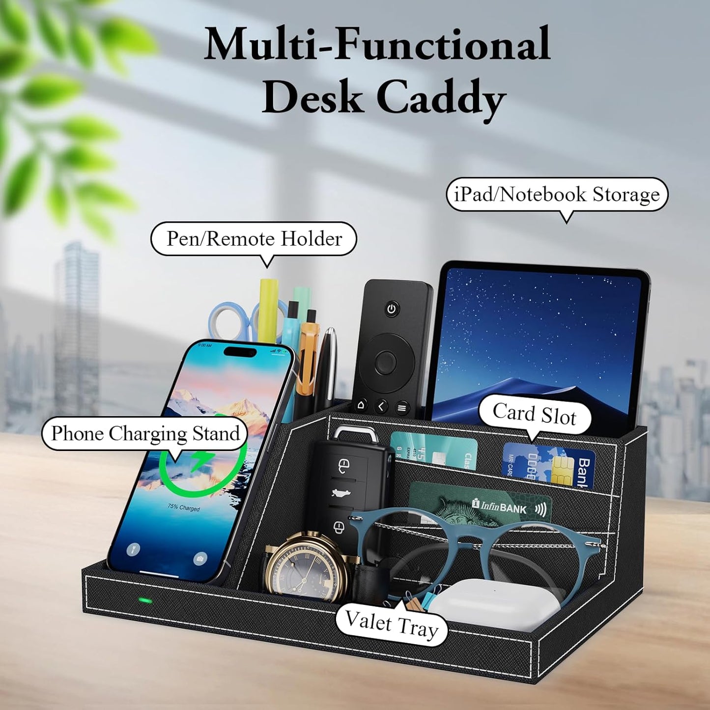 TopMade Wireless Charger Desk Nightstand Organizer, Leather Pen Holder Office Supplies Desk Accessories Fast Charging Station, Remote Control Holder, for iphone Charger Stand Gifts for Men (Black)