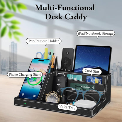 TopMade Wireless Charger Desk Nightstand Organizer, Leather Pen Holder Office Supplies Desk Accessories Fast Charging Station, Remote Control Holder, for iphone Charger Stand Gifts for Men (Black)