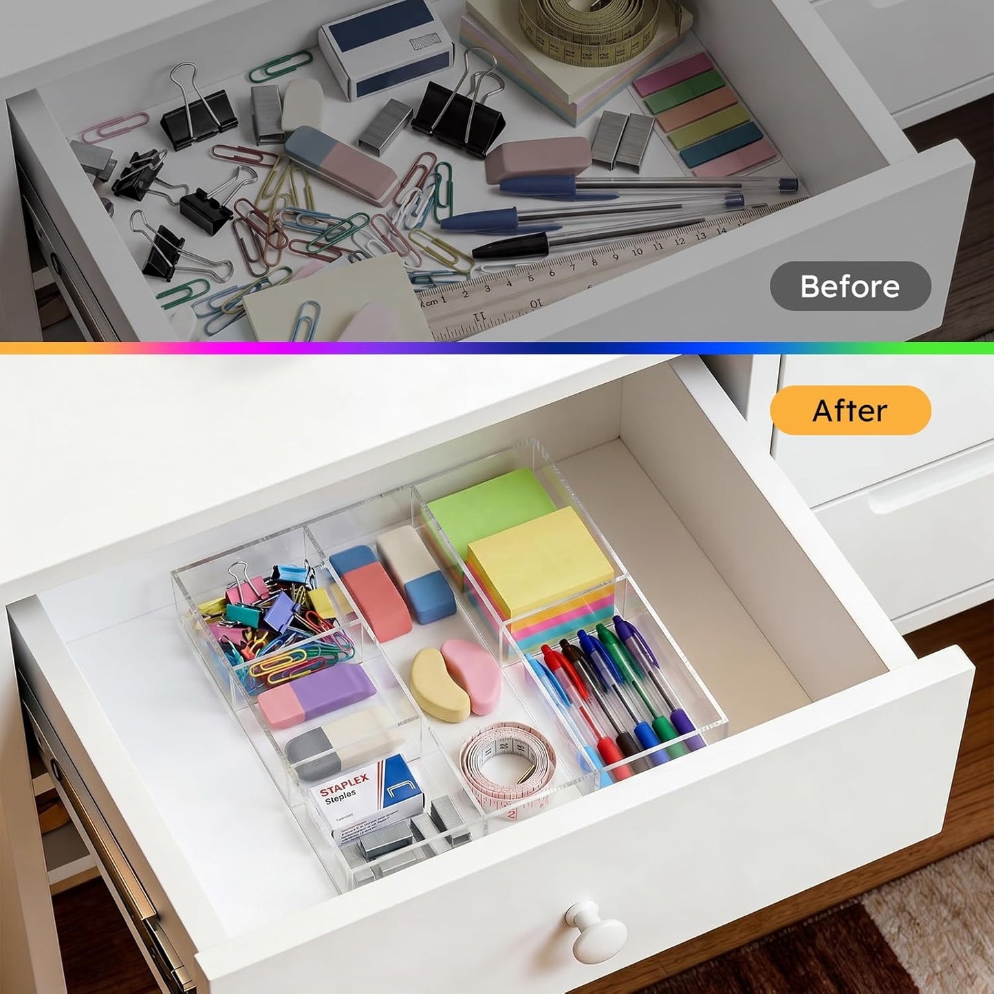 HIIMIEI Acrylic Drawer Organizer, 6 Section Clear Makeup Tray Organizer for Drawer Office Bedroom(11.8x11.8 inch)