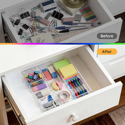 HIIMIEI Acrylic Drawer Organizer, 6 Section Clear Makeup Tray Organizer for Drawer Office Bedroom(11.8x11.8 inch)