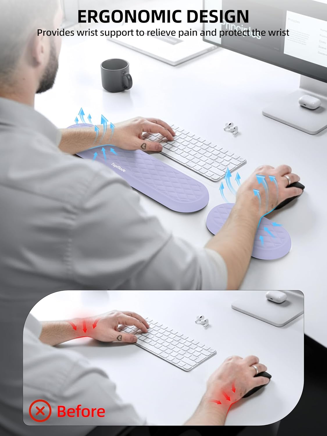 TopMade Upgraded Wider Wrist Rest Set, Soft Memory Foam Keyboard Hand Rest Pad, Computer Ergonomic Keyboard Mouse Wrist Support for Typing Pain Relief, Comfort for Office, Gaming, Study, Black