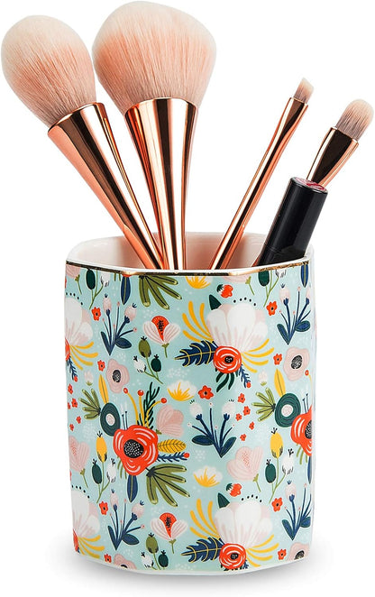 Jwest Pen Holder, Makeup Brush Holder Ceramic Shiny Gold Leopard Cheetah Pattern Animal Pencil Cup for Girls Women Durable Stand Desk Organizer Storage Gift for Office, Classroom, Home Light Brown