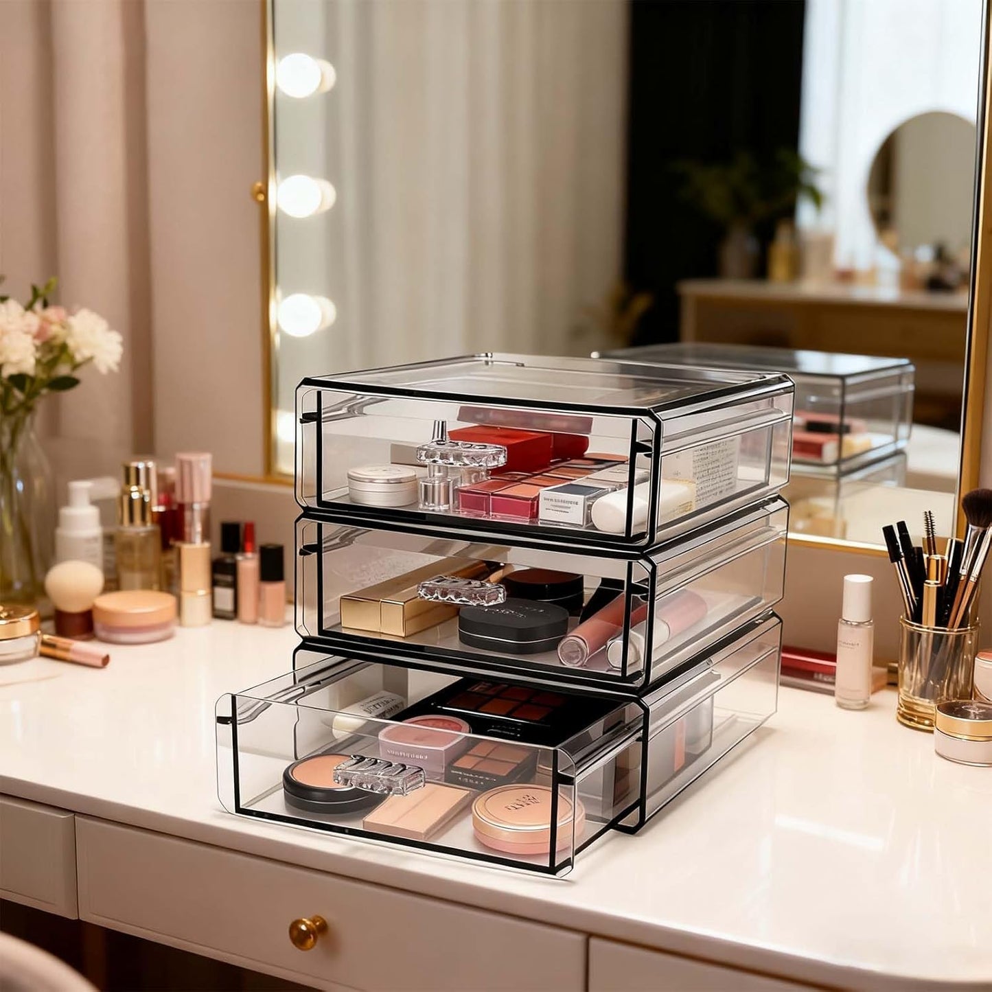 Drawer Organizers, Clear Stackable Storage Boxes for Kitchen Utensils, Office Desk, Bathroom, Makeup & Craft Drawer Organization (Small - 3 Pack)