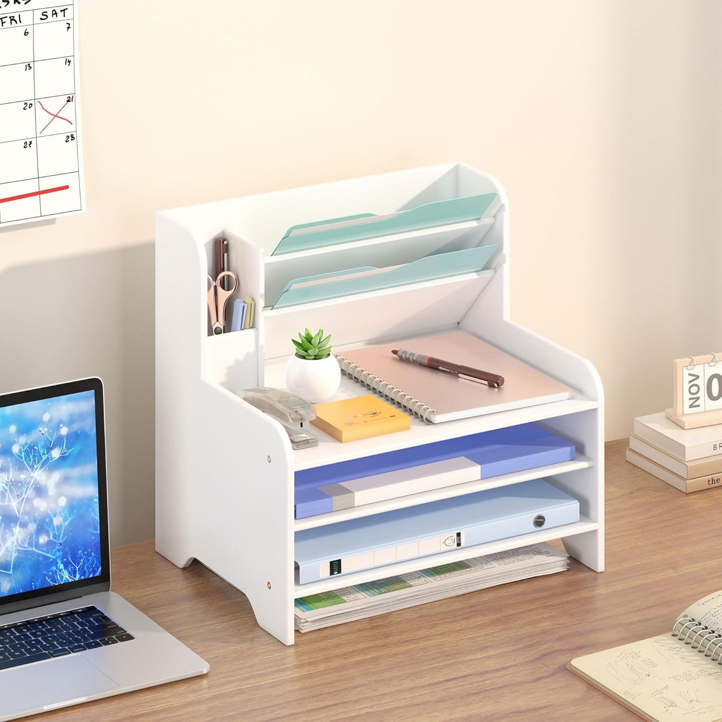 Bamboo Desk Organizer Mail Holder Countertop Letter Tray File Organizer for Desk Letter Sorter Paper File Storage for School Home Office Supplies