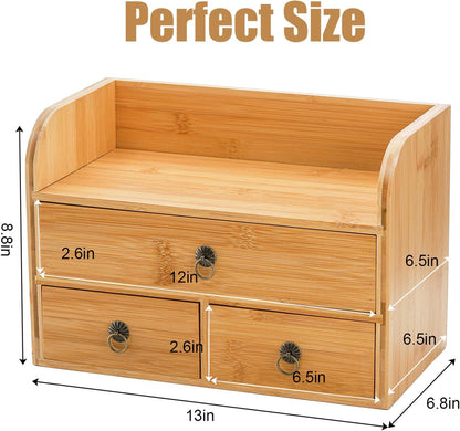 Nicunom Bamboo Desk Organizer, 3-Tier Bamboo Tabletop Storage Organization Multifunctional Desktop Organizer with Drawers for Home Office Toiletries Supplies Vanity