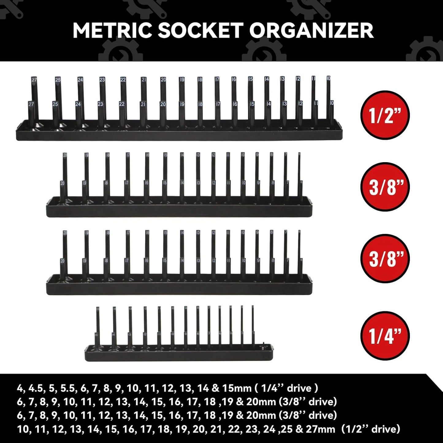 AIUITIO 6PCS Socket Organizer Tray Set, Red SAE & Black Metric Socket Storage Trays, 1/4-Inch, 3/8-Inch & 1/2-Inch Drive Deep and Shallow Socket Holders for Toolboxes