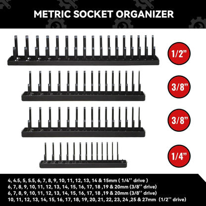 AIUITIO 6PCS Socket Organizer Tray Set, Red SAE & Black Metric Socket Storage Trays, 1/4-Inch, 3/8-Inch & 1/2-Inch Drive Deep and Shallow Socket Holders for Toolboxes