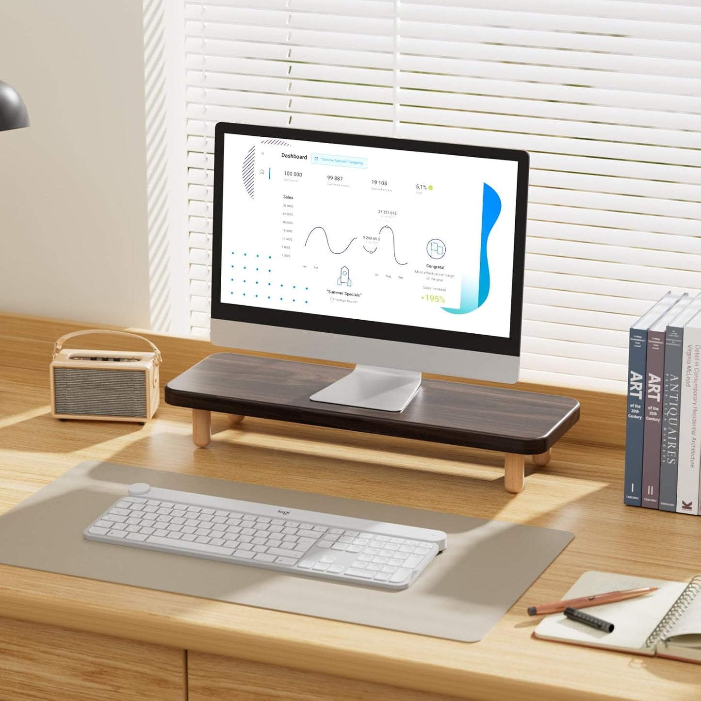 Monitor Stand Riser, 24 Inch Wood Desk Organizer with Monitor Stand & Storage Computer Monitor and Laptop Riser Multifunctional Laptop Stand Desk Organizer for Office Home Screen/Laptop/PC (Light Walnut)