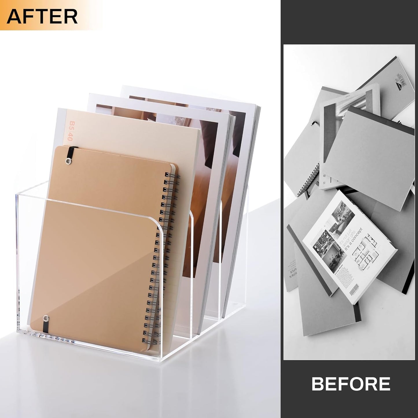 SANRUI Acrylic File Organizer, Clear Desk Organizer and Storage Bins Holding for Folders, Binders, Notebooks, Envelopes, Multi-purpose Magazine File Organizer for Home Office, 2 Pack