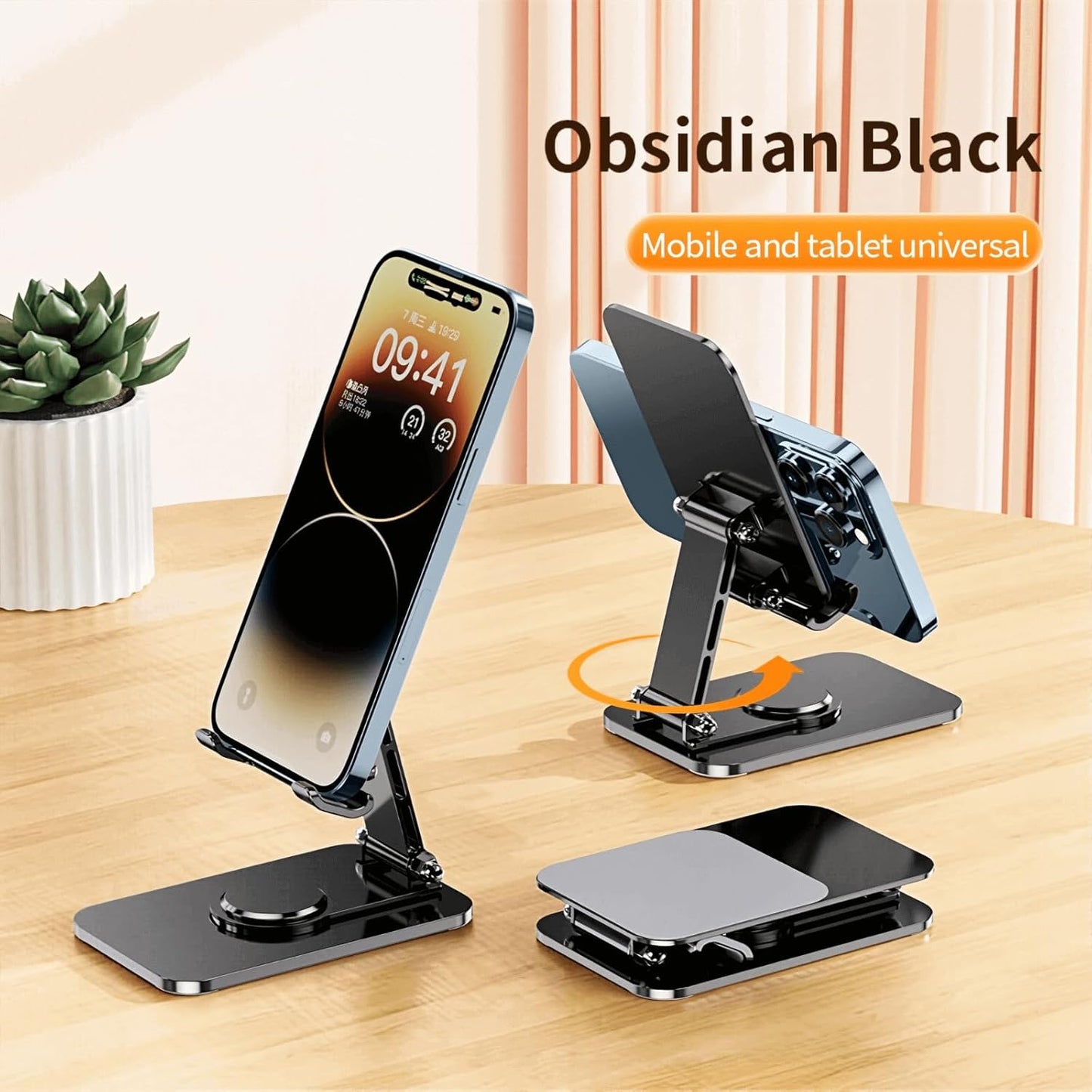 4 Joints 360° Rotating Cell Phone Stand for Desk, Adjustable Folding Phone Stand, Aluminum Alloy Arms & Steel Base, Non-Slip Silicone Pads, Scratch-Free for iPhone & Android, Black